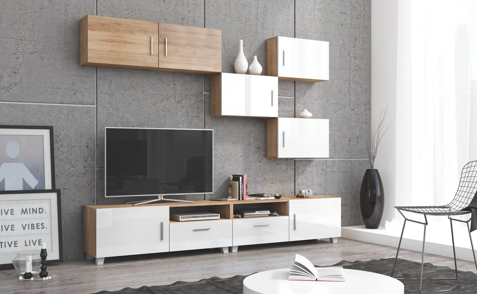 Meblocross Olohuoneen Säilytysjärjestelmä Kuga, Valkoinen/vaalea Tammi 1 Meblocross Olohuoneen Säilytysjärjestelmä Kuga, Valkoinen/vaalea Tammi