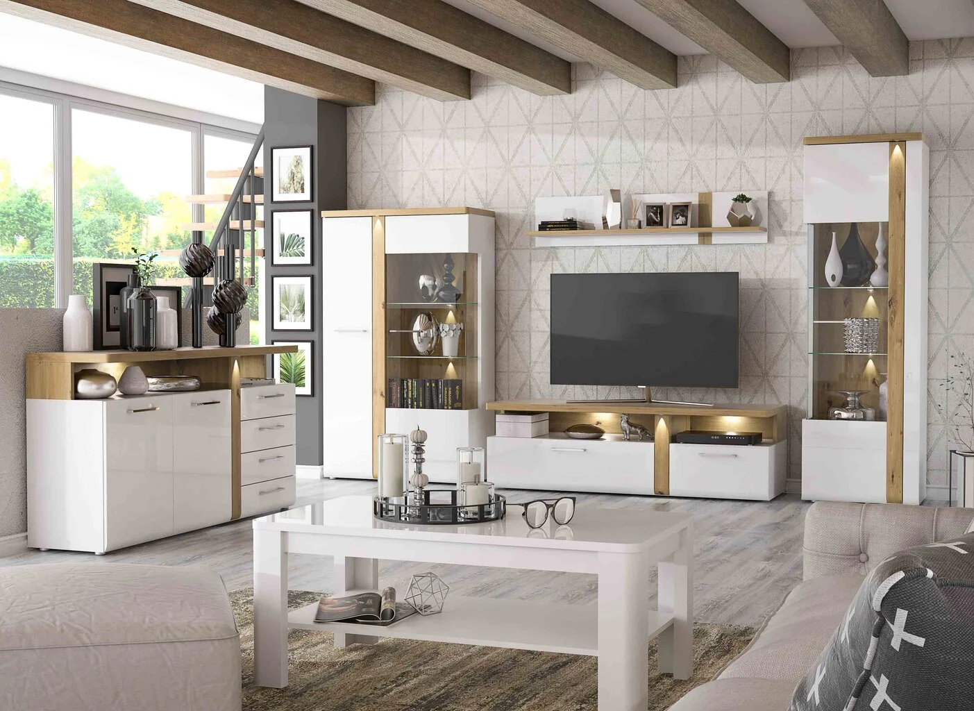 Forte Tuluza II -vitriinikaappi, Valkoinen Korkeakiiltoinen/tammi 4 Forte Tuluza II -vitriinikaappi, Valkoinen Korkeakiiltoinen/tammi - Image 4